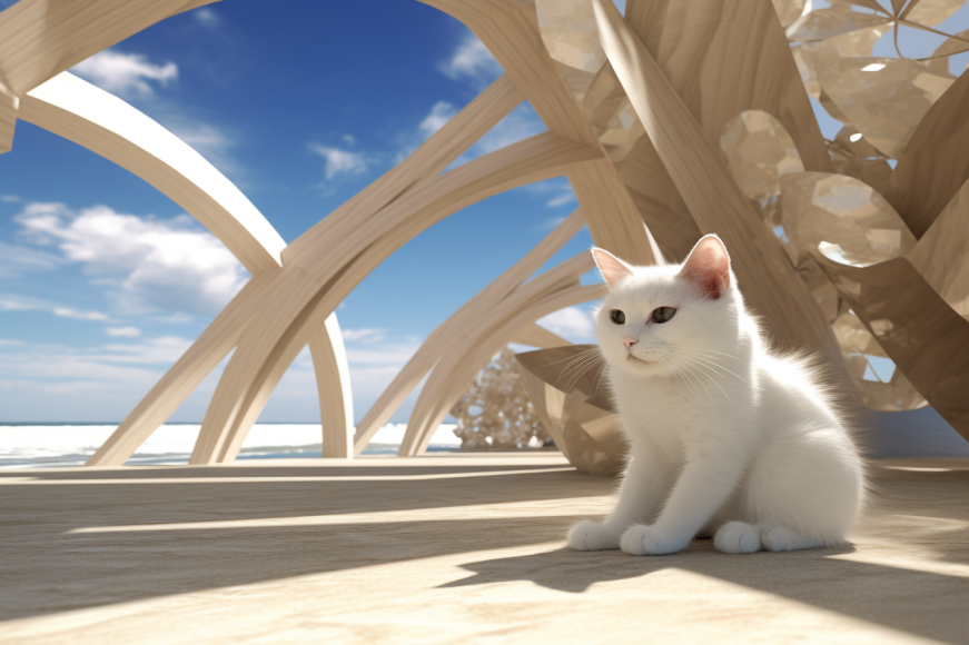 white cat sitting on a beach